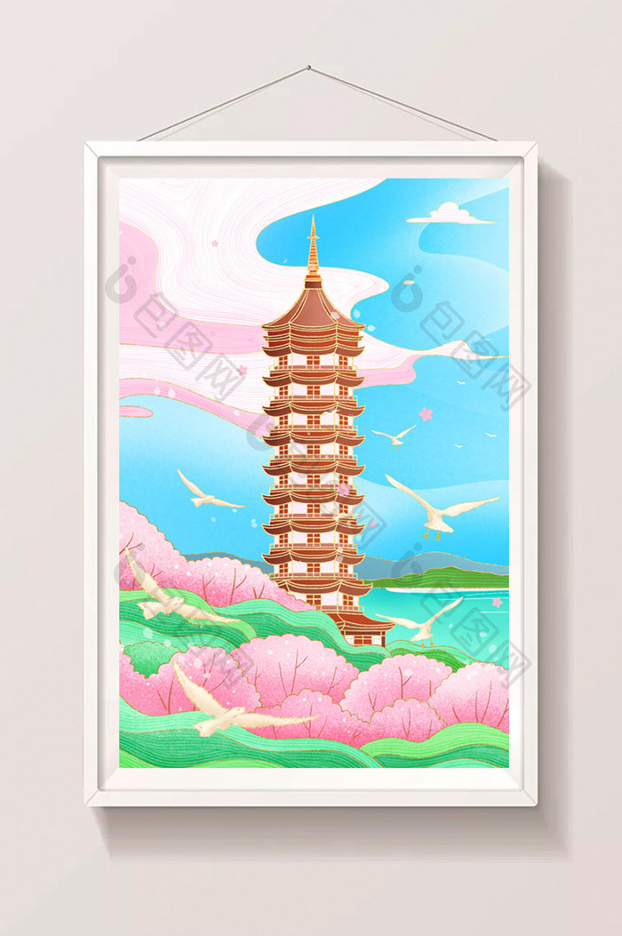 国潮鎏金城市浙江舟山普陀山黄荆寺景点插画