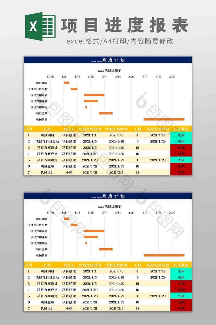 项目完成进度报表Excel模板