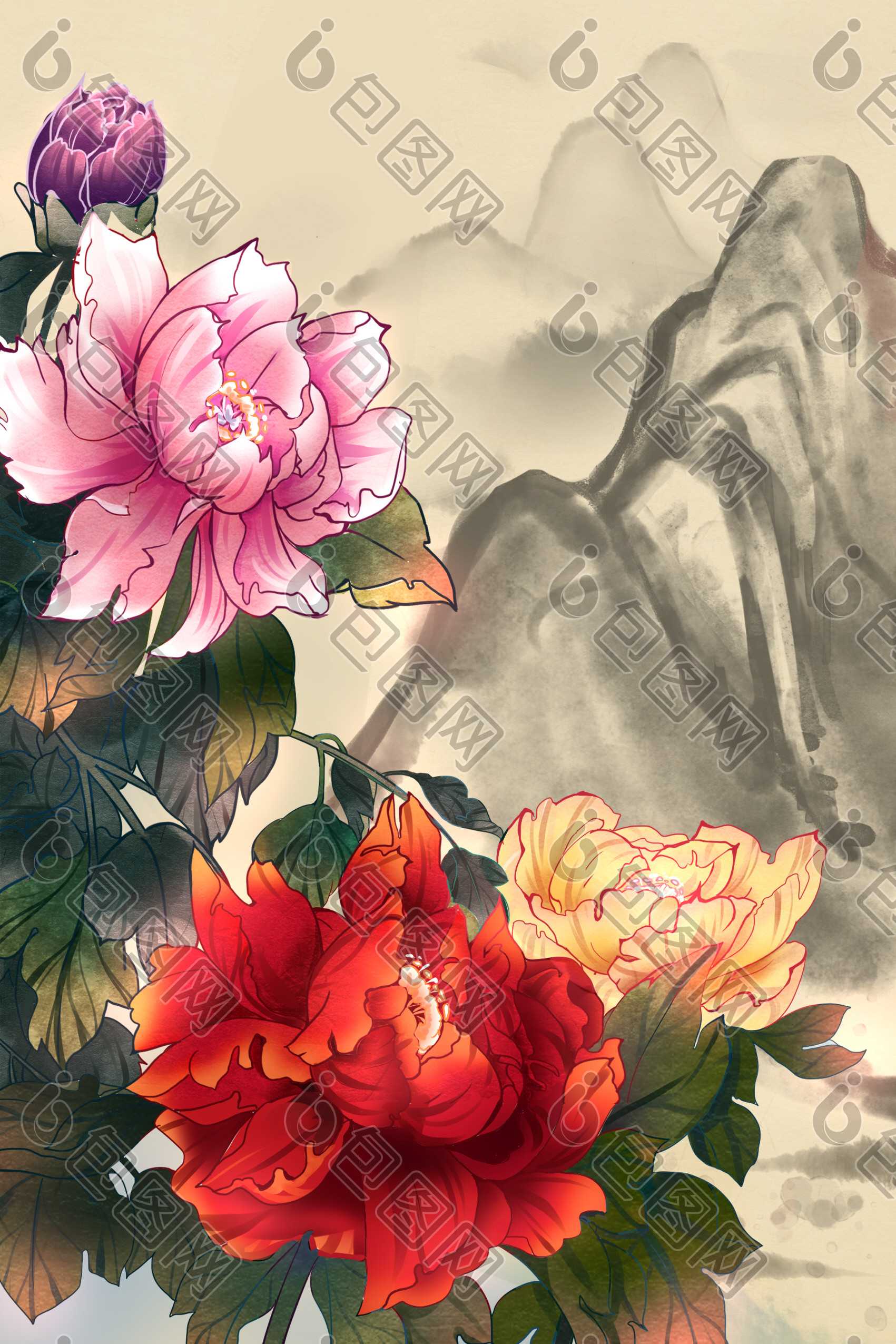 青山绿水牡丹盛开水墨图