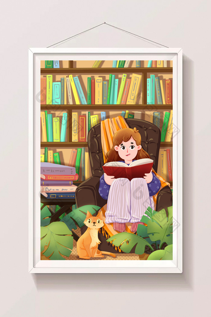 小女孩看书学习书屋书房知识读书插画