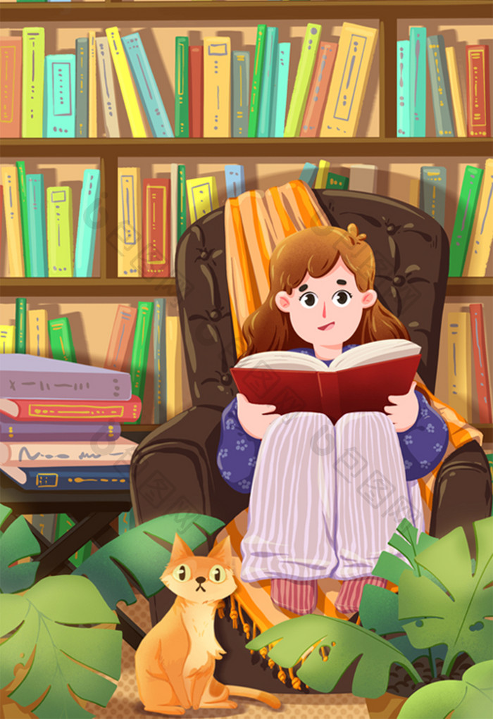 小女孩看书学习书屋书房知识读书插画