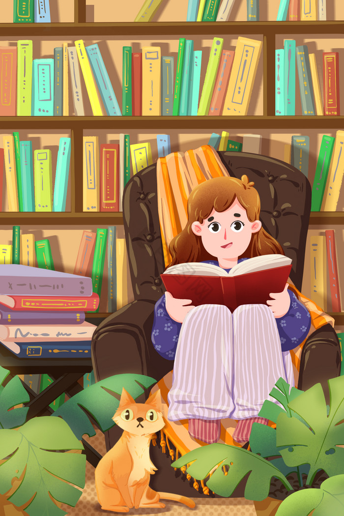 小女孩看书学习书屋书房知识读书插画图片