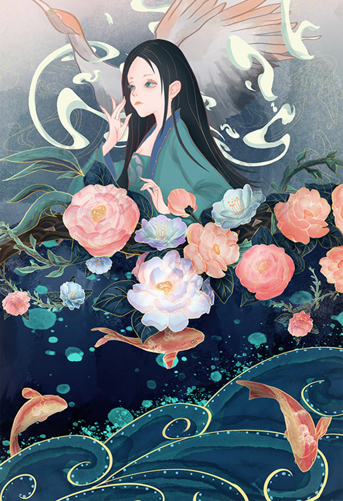 蓝绿山茶花植物花卉古风插画图片