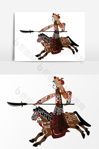 手绘骑马剪纸皮影卡通刀马人物装饰元素图片