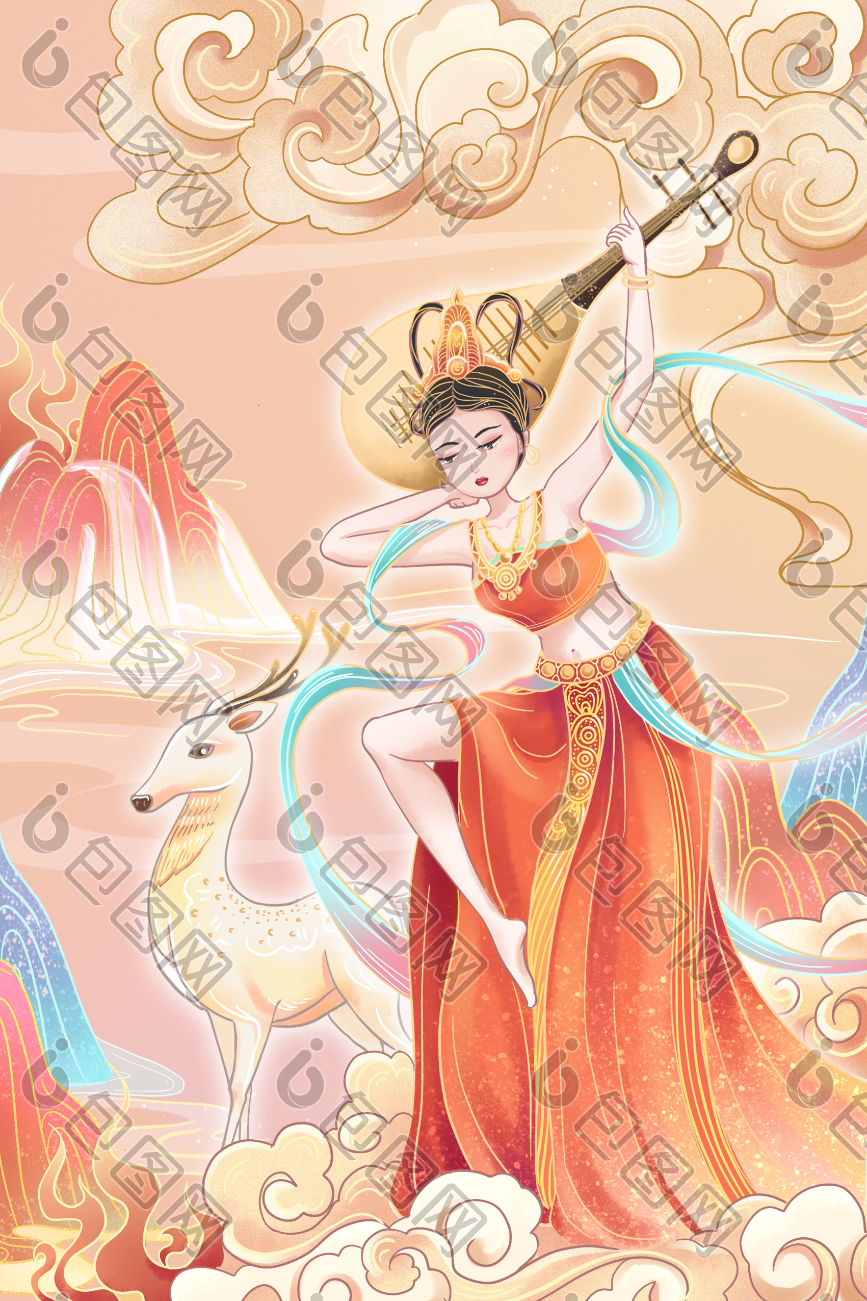 敦煌国潮反弹琵琶风插画图片