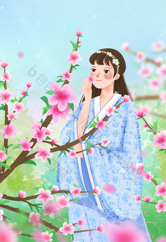 妙笔生花唯美清新春天桃花姑娘插画