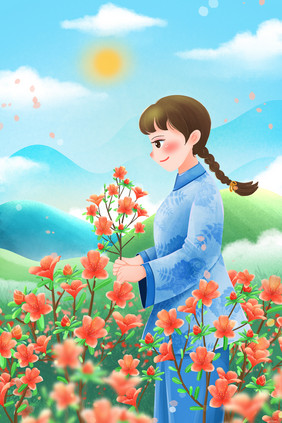 妙笔生花春天踏青映山红花海插画