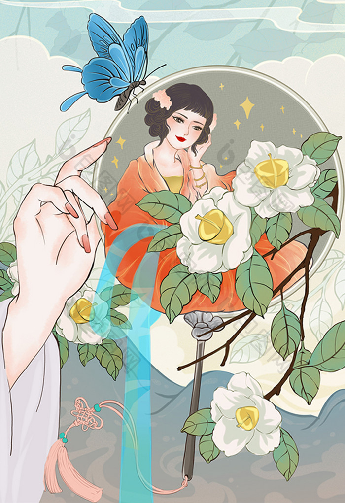 山茶花仕女中国风画扇山川蝴蝶古风插画