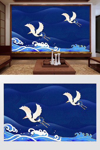 海浪飞鸟浮雕效果金色立体国风背景墙图片