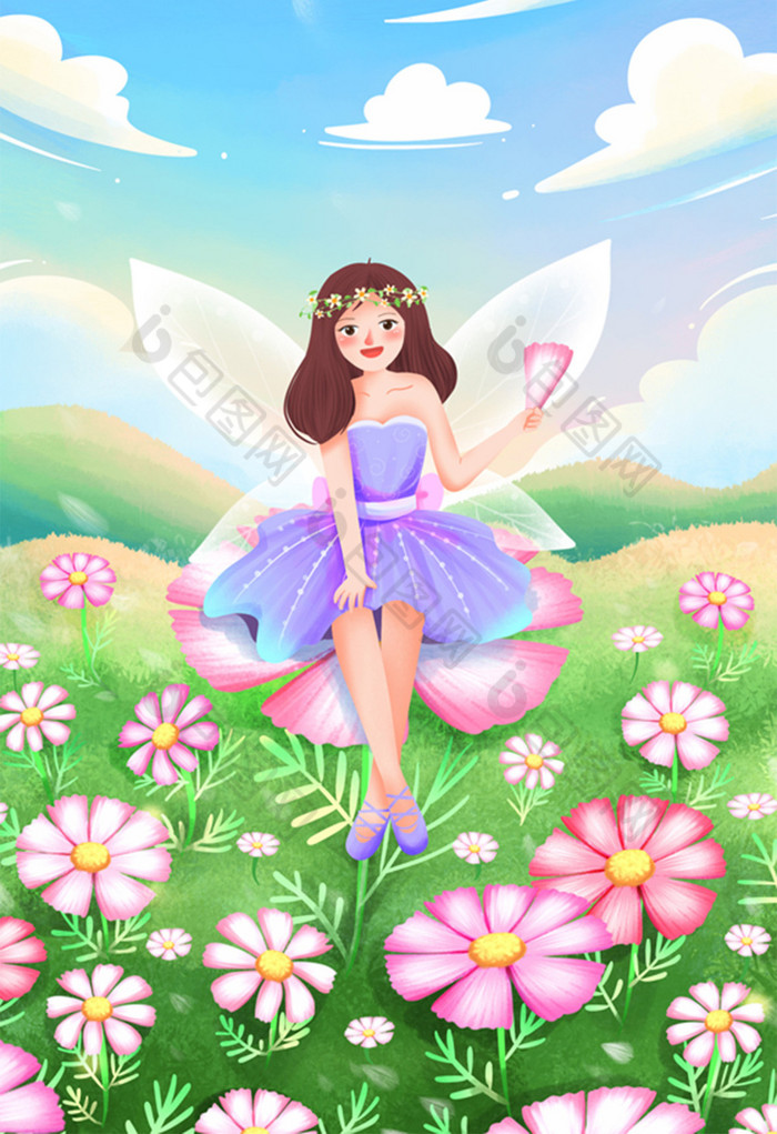 妙笔生花夏天小满的秋英花花仙子插画图片