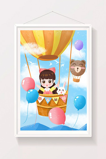 可爱卡通游乐园热气球女孩旅行插画图片