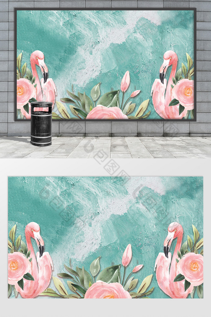 北欧粉色油画背景火烈鸟花朵背景墙图片图片