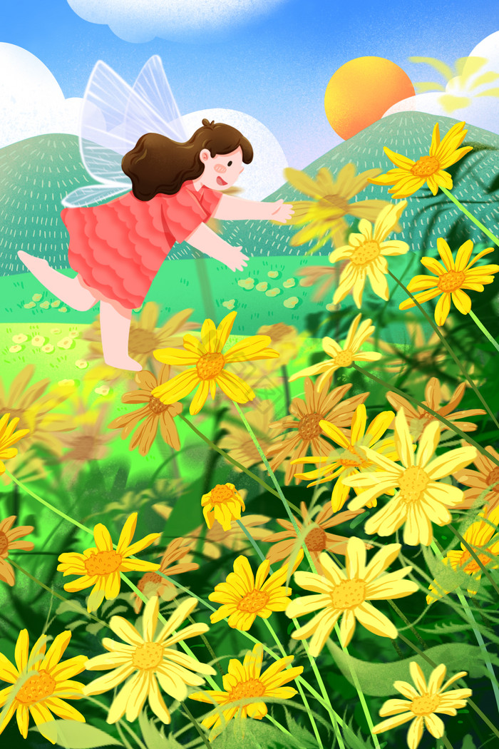 妙笔生花向日葵小女孩蜻蜓春天生长花开插画图片