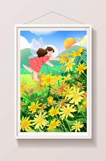妙笔生花向日葵小女孩蜻蜓春天生长花开插画图片