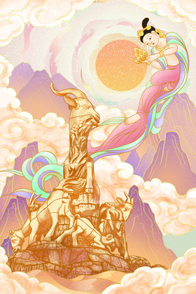 敦煌文化飞天仙女五羊石像插画