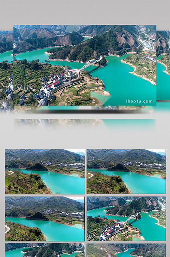 航拍浙江山区峡谷中蔚蓝的湖水图片