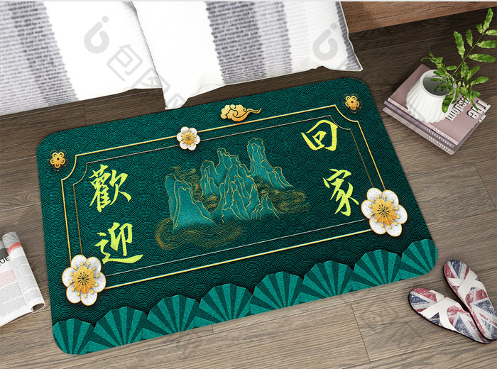 绿色中式山水卡通地毯
