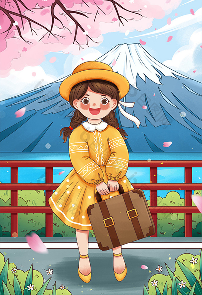 清新日本富士山旅游行李箱女孩春天插画