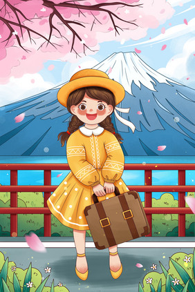 清新日本富士山旅游行李箱女孩春天插画