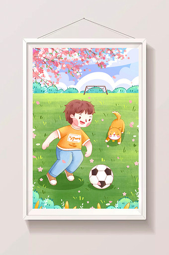 清新手绘男孩踢足球插画图片