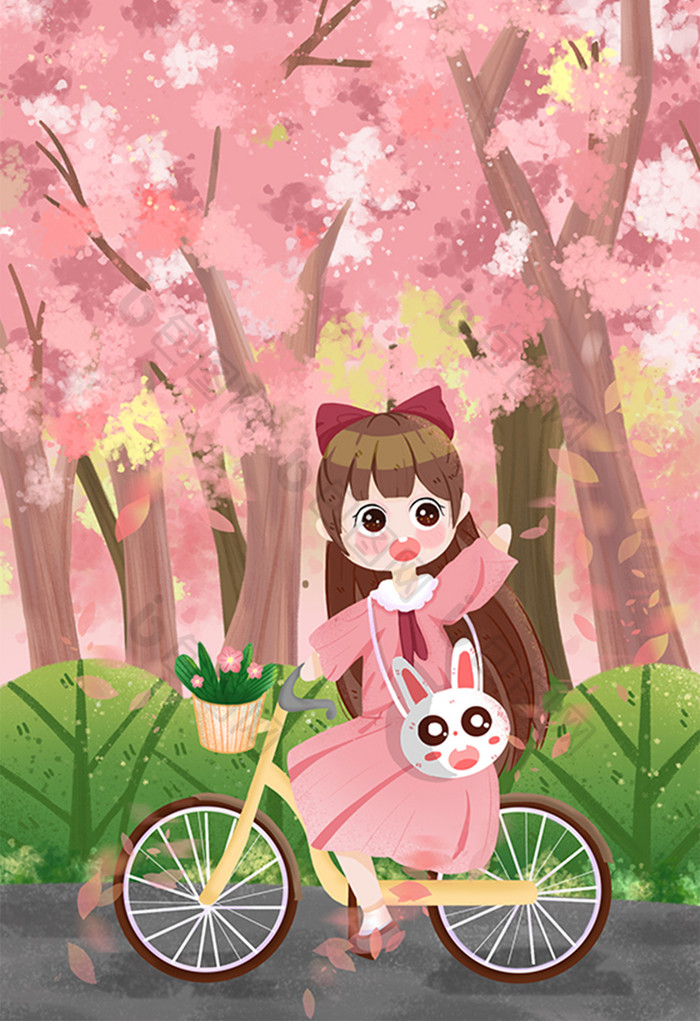 包图网提供精美好看的樱花季女孩骑车踏青春游插画图片素材免费下载
