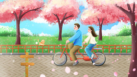 旅游骑自行车赏花插画