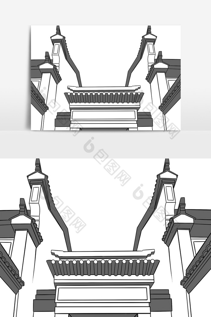 中国风手绘大气徽派门楼建筑小元素