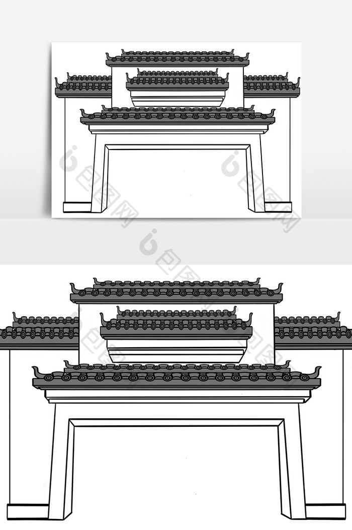 手绘大气徽派恢弘门楼建筑小元素