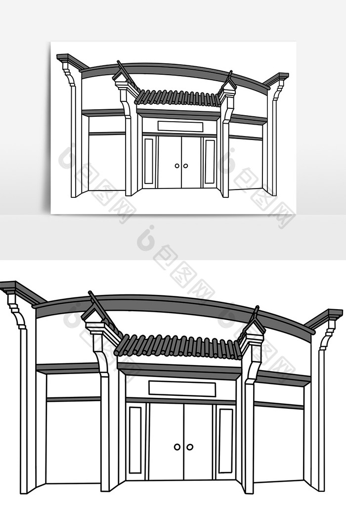 手绘中国风简约大气徽派建筑群小元素