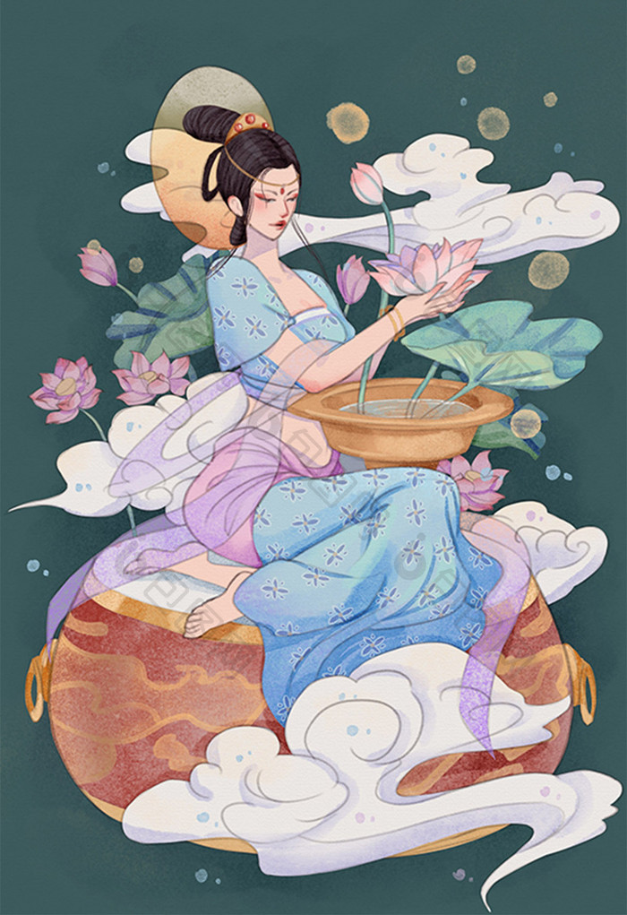 乐器仙女戏莲敦煌风水彩风插画