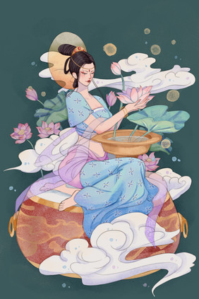 乐器仙女戏莲敦煌风水彩风插画