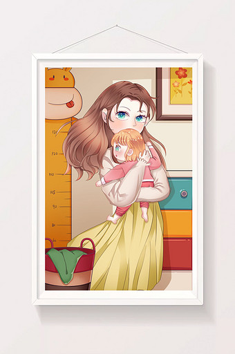 温馨橙色母亲和孩子室内的场景插画图片