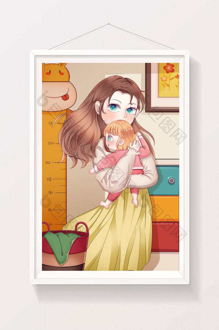 温馨橙色母亲和孩子室内的场景插画