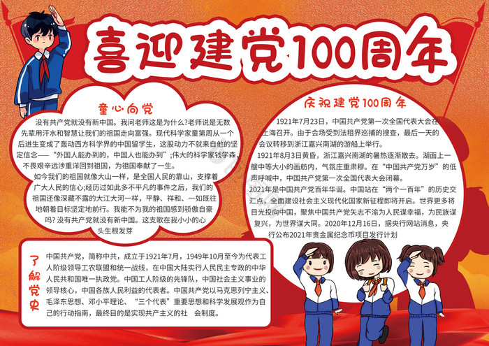 橘红建党100周年小报图片