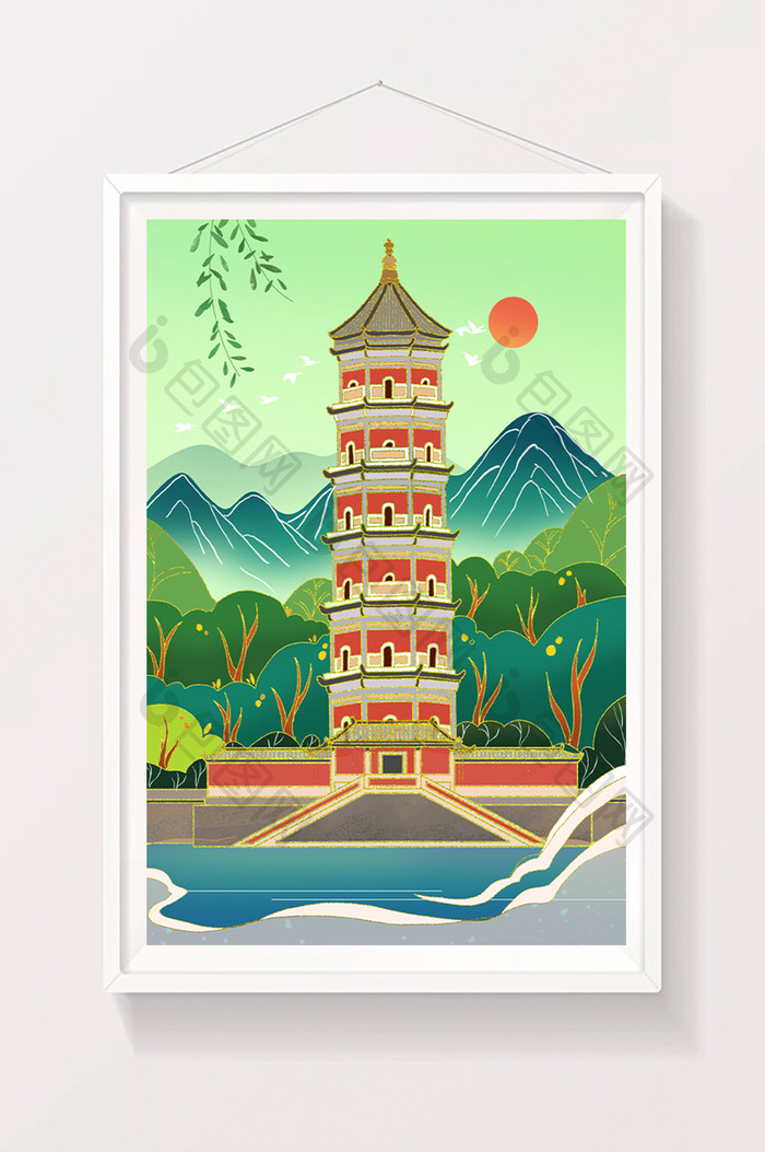 北京玉峰塔旅游插画