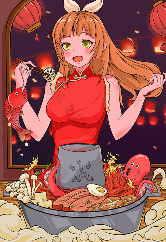 红色少女灯笼深夜火锅美食节插画