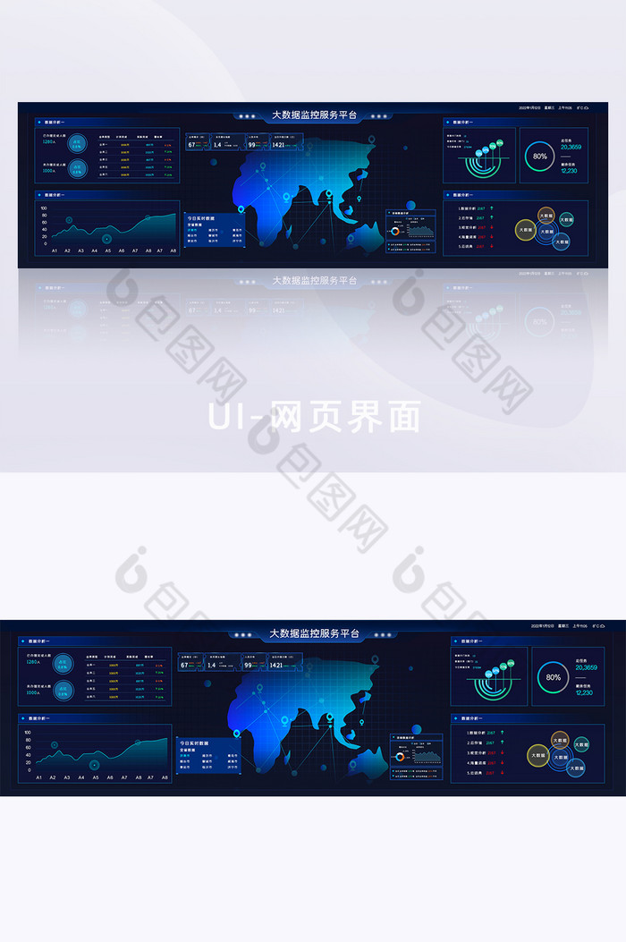 蓝色数据监控服务平台化大数据大屏界面网页图片图片