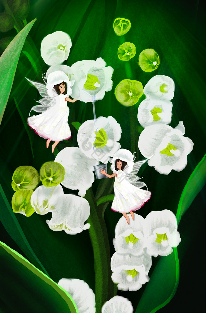 春天梦幻铃铛花精灵雪白收集露水插画图片