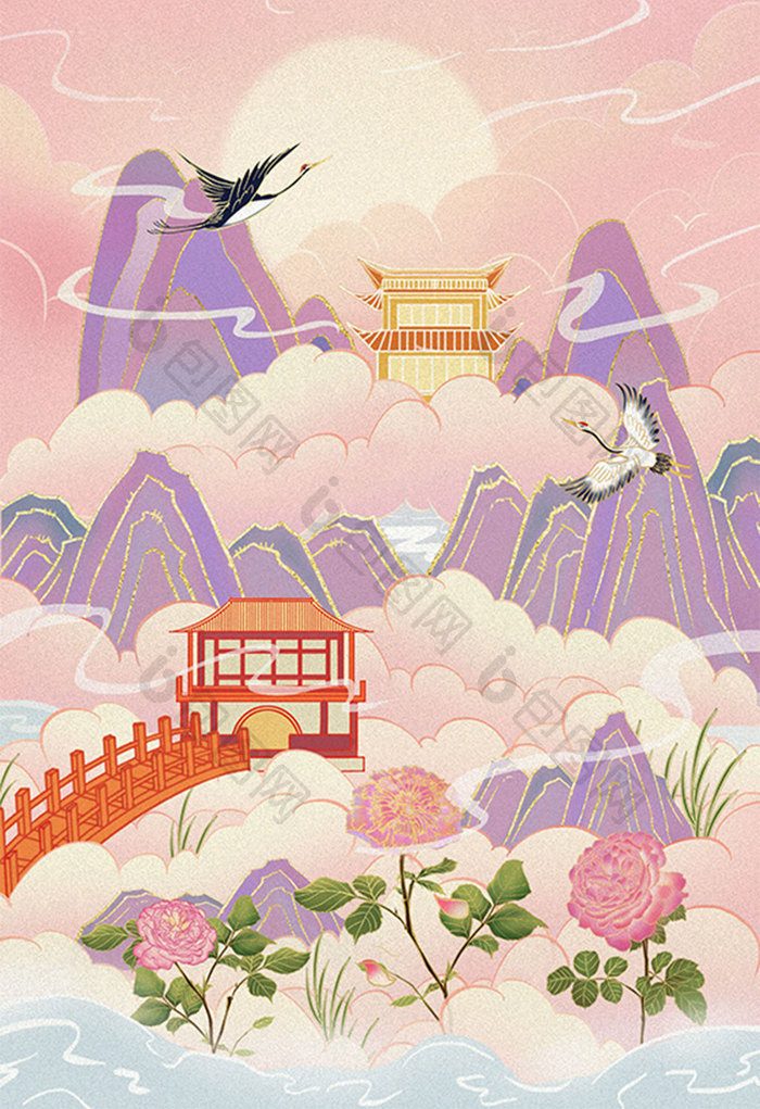 粉色中国风国潮玫瑰情人节背景插画