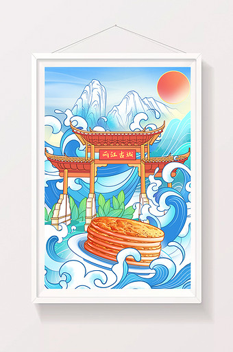蓝色中国风云南丽江旅游古代建筑风景插画图片