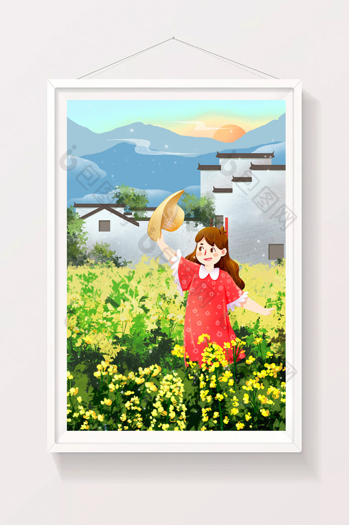 中国旅游日女孩郊外城市风光徽派建筑插画图片图片