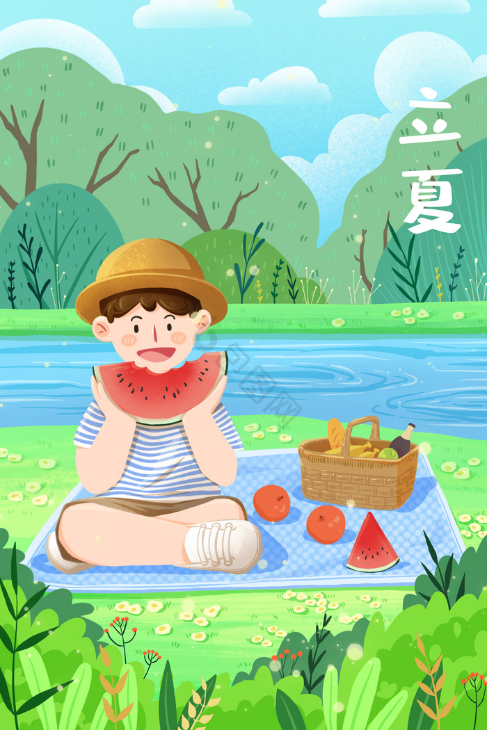 立夏中国二十四节气夏天吃西瓜河边插画图片
