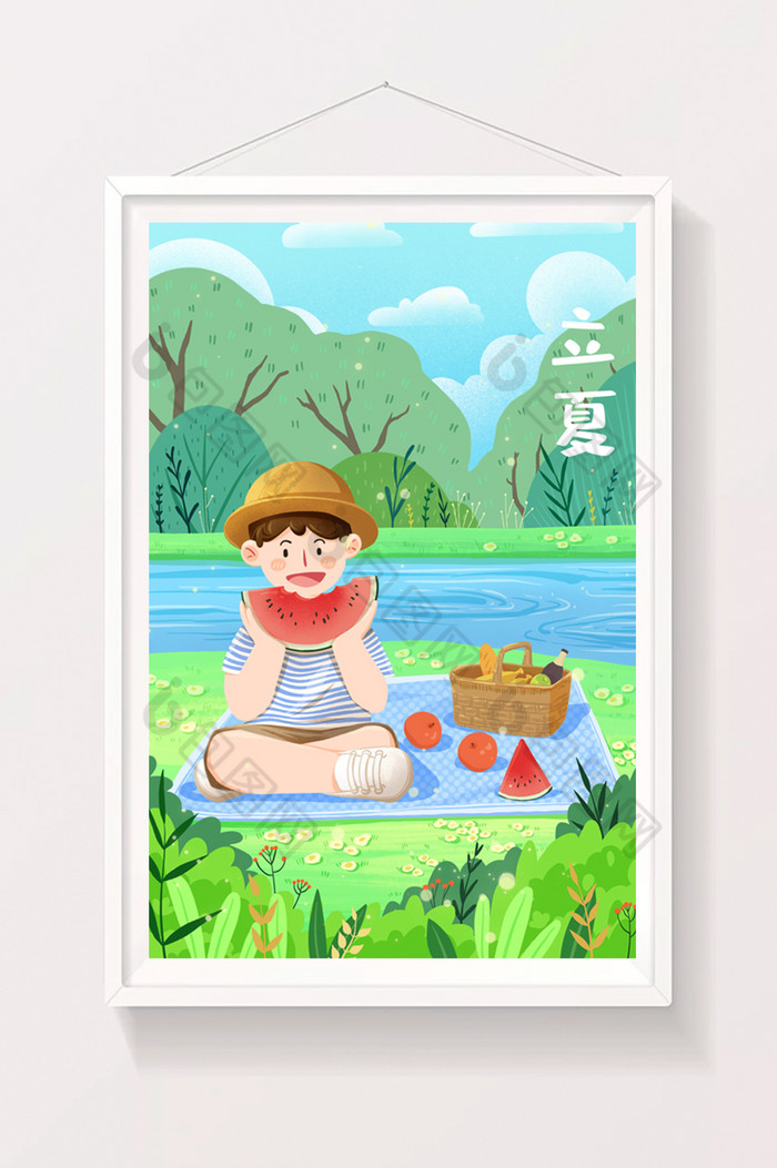 立夏中国二十四节气夏天吃西瓜河边插画图片图片