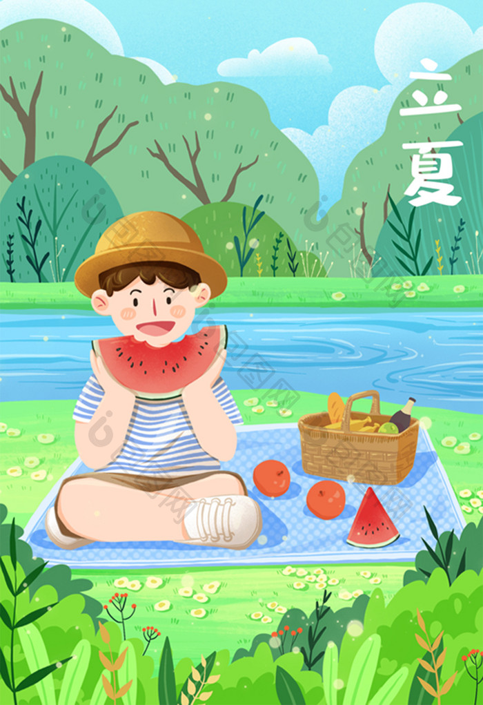 立夏中国二十四节气夏天吃西瓜绿色河边插画