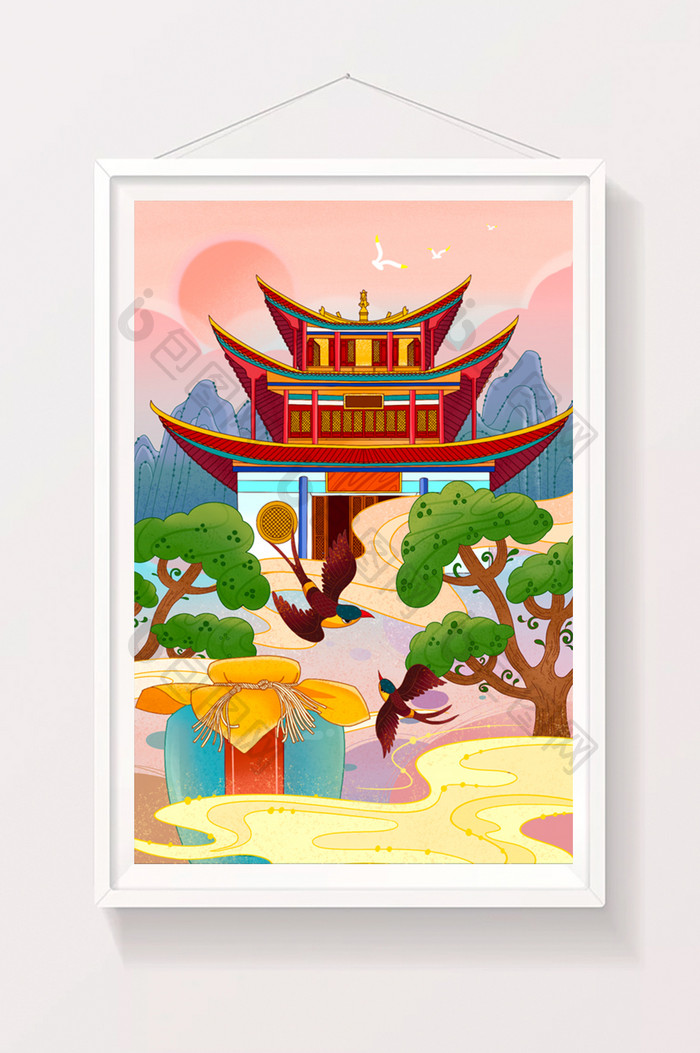 粉色中国风建筑风景插画