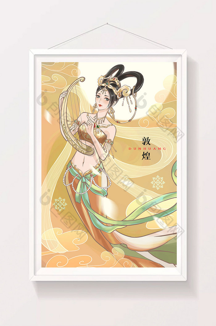 橙色敦煌中国风飞天插画电商开屏古风女全身