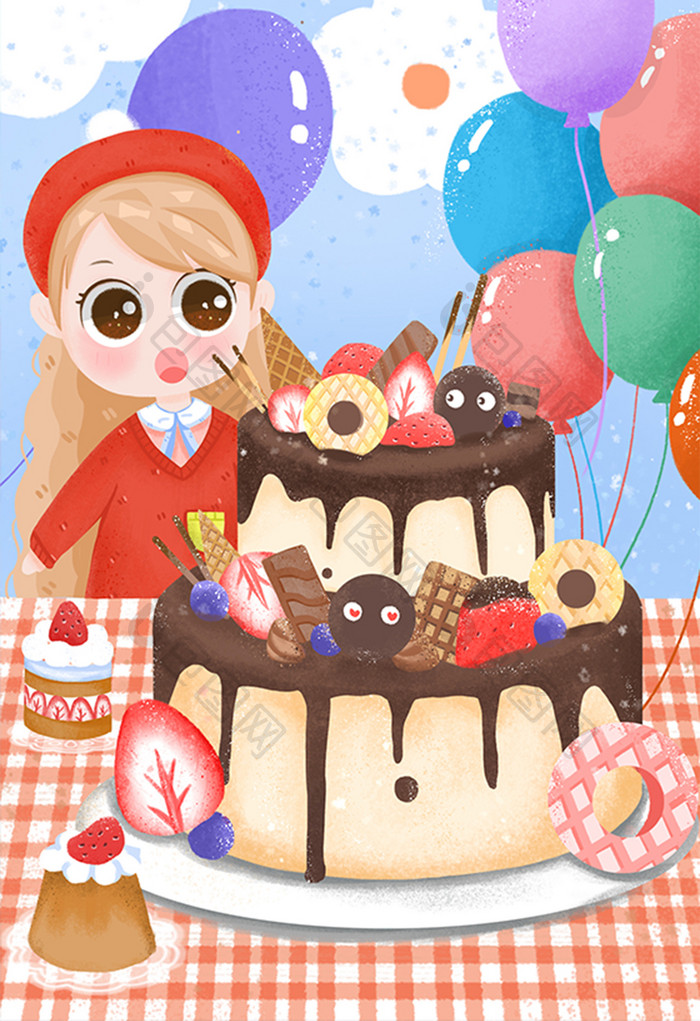 卡通可爱美食巧克力蛋糕甜点女孩海报插画