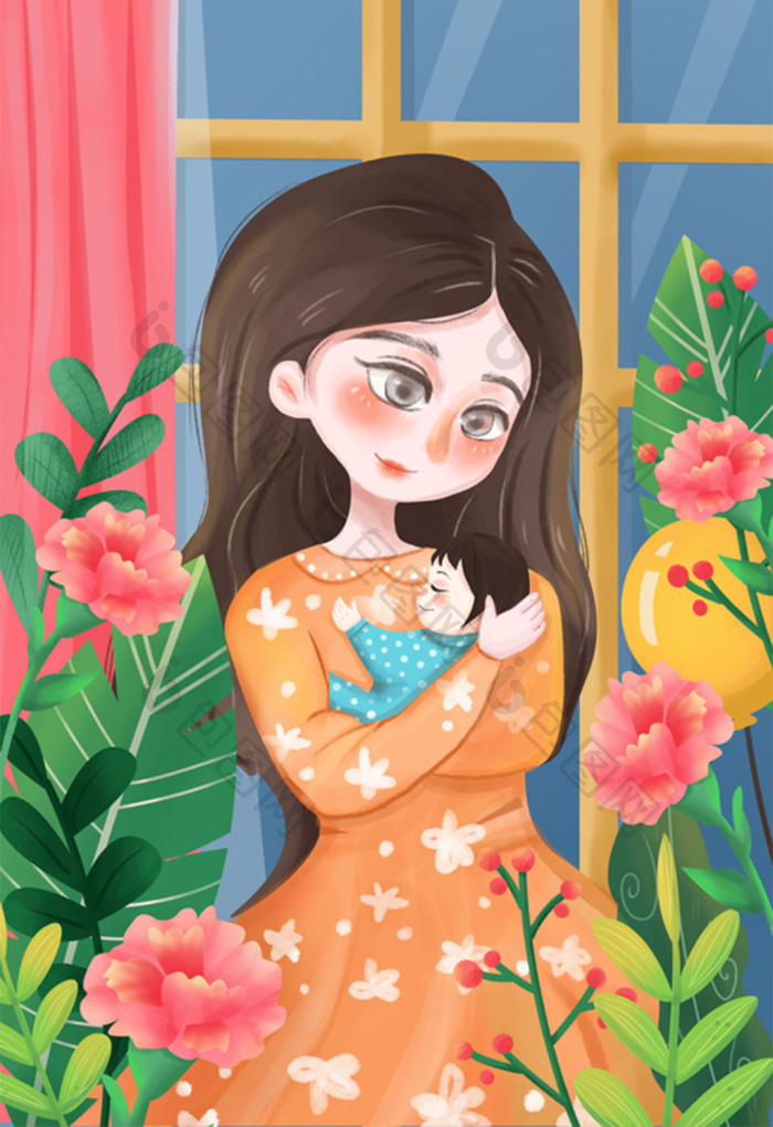 温馨粉色母亲抱孩子的场景插画图片