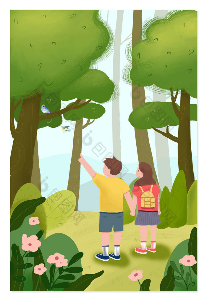 绿色手绘夏季旅游插画背景