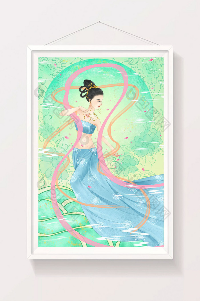 蓝绿色唯美中国风敦煌文化飞天仙女插画